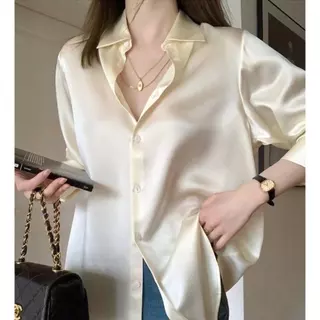 【เสื้อผ้าผู้หญิง】เสื้อเชิ้ตระดับไฮเอนด์หรูหราเบาๆ ผ้าไหมเครปซาตินธรรมดาสำหรับผู้หญิงเสื้อพร็อพแขนยาวทรงหลวม NO.M004