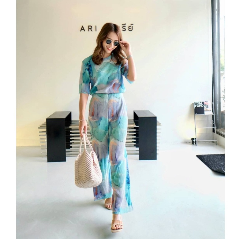 S058 เซตอัดพลีทคอกลม+ขายาว (Ocean Marble)
