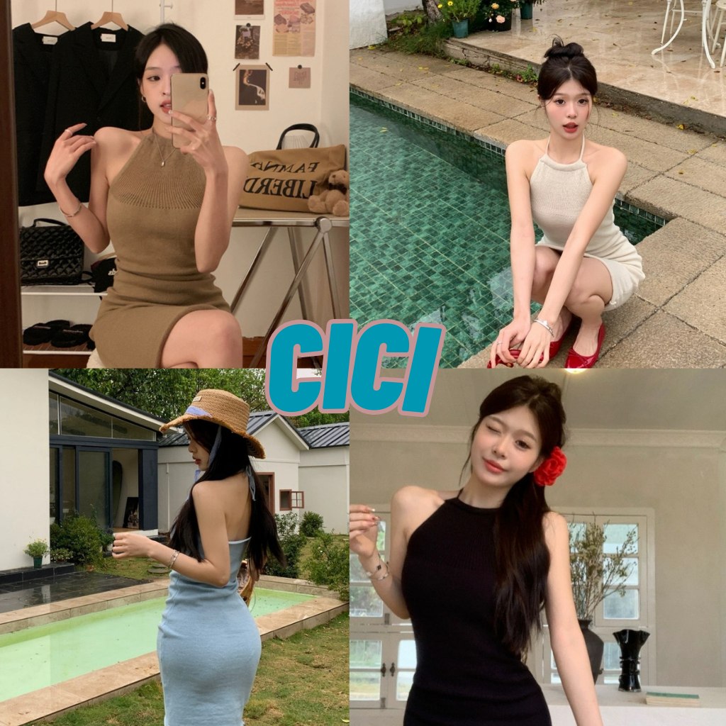 ส่งทันที Cici(NO. 47276)เดรสยาวไหมพรมคล้องคอdetail ลูกเล่นตรงช่วงคอเรียบหรูสไตล์เกาหลี