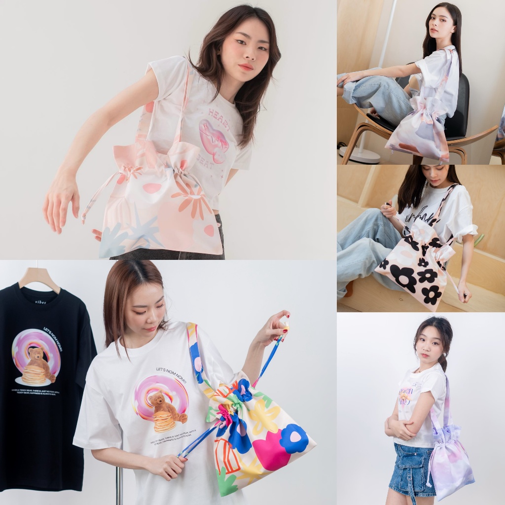 ✨New✨vibes.brandd☁️ Bucket bag – Medium size ☁️ กระเป๋าผ้า พิมพ์ลาย ถุงหูรูด