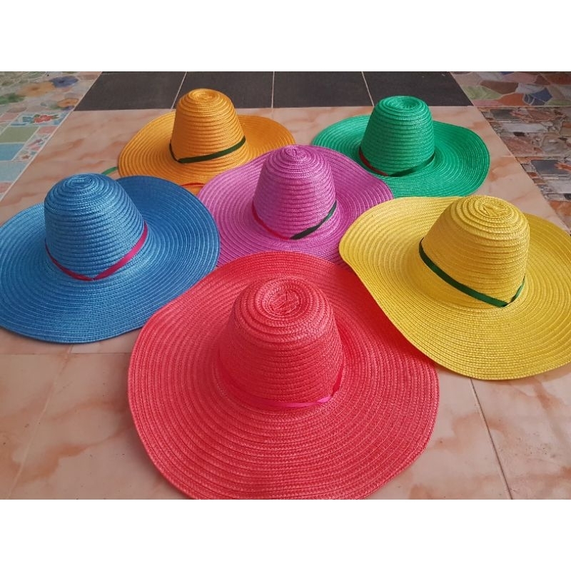 (แพค 10ใบ) หมวกสาน พลาสติกหนาสีพื้น ชาวนา ชาวสวน กันแดด งานบุญ กฐิน