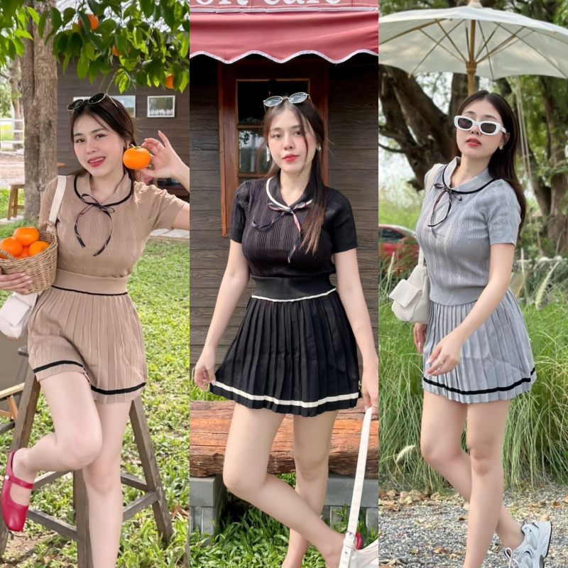 ชุดเซ็คแพ็คคู่ สไตล์เวียดนาม ครอปคอกลม+กระโปรงสั้นอัดพลีท แต่งโบว์น่าร้าก ผ้าไหมพรมยืดตามตัว รุ่น อัพเดท