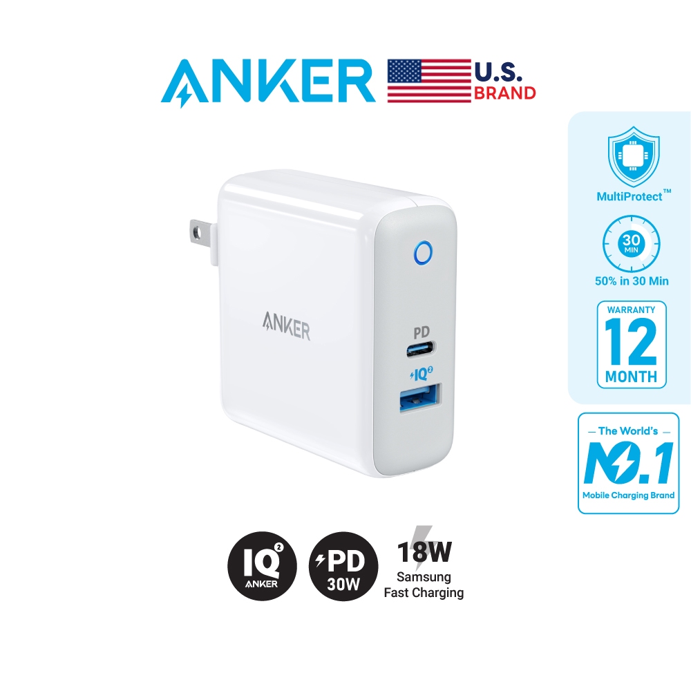 Anker PowerPort II PD 30W ชาร์จเร็ว iPhone15/14/iPad Pro/iPad Air และรองรับชาร์จด่วน Samsung 18W - AK65
