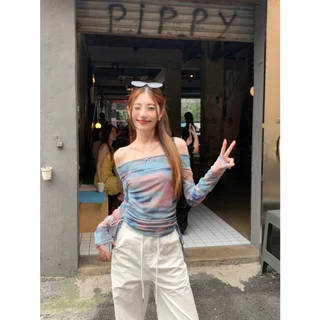 Cicishop(J1000)เสื้อแขนยาวปาดไหล่ผ้าซีทรู ดีเทลรูดข้าง สีสันสดใส