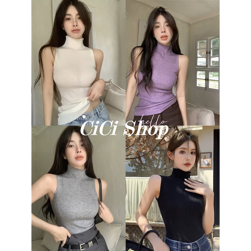 Cicishop(M058)เสื้อแขนกุดไหมพรมผ้าร่อง ดีเทลคอปีน ลุคสตรีท