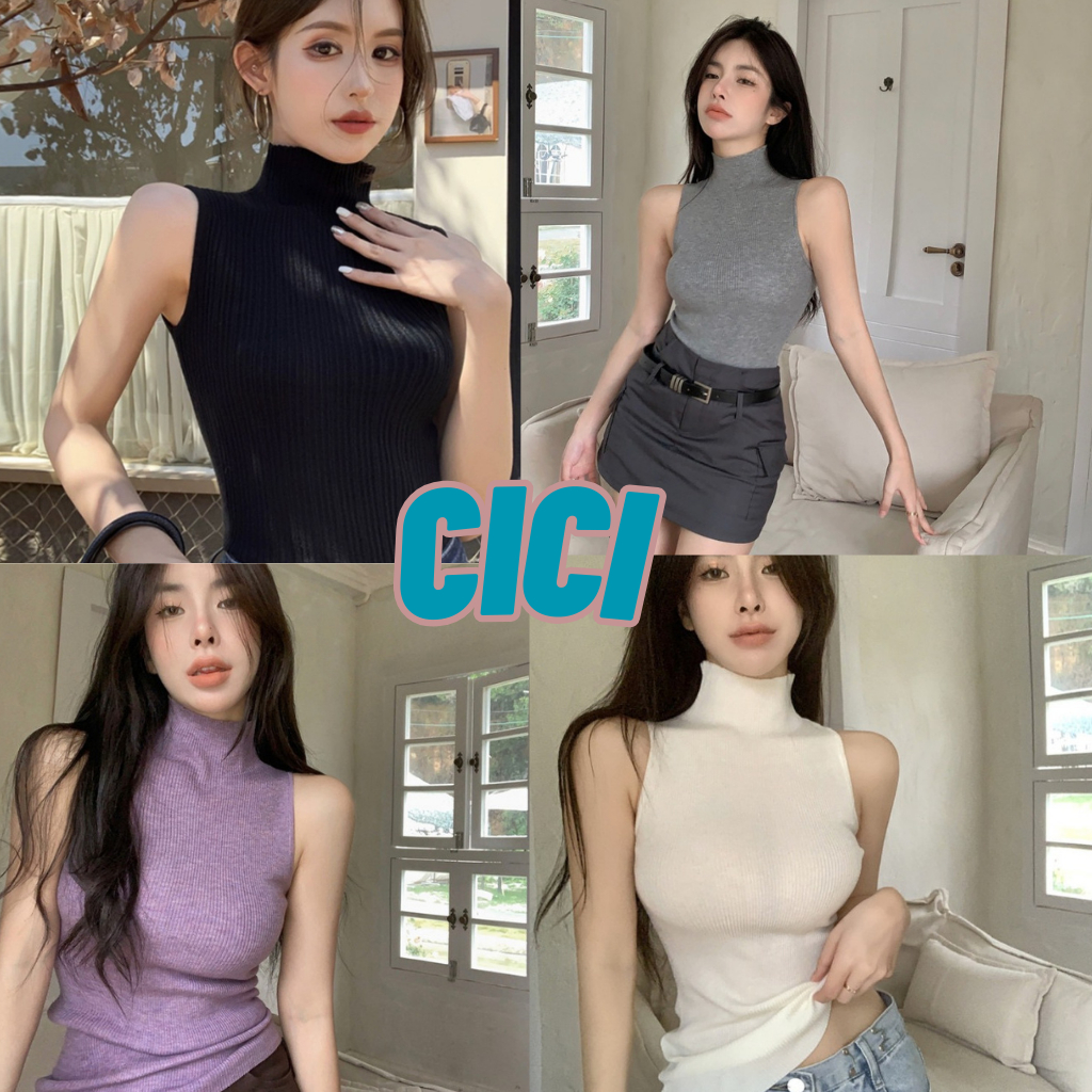 ส่งทันที Cici(NO. M058)เสื้อแขนกุดไหมพรมผ้าร่อง ดีเทลคอปีน ลุคสตรีท