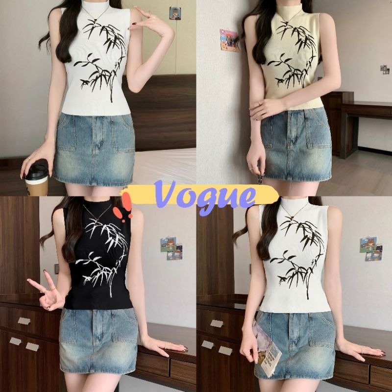 Vogue พร้อมส่ง เสื้อกล้ามไหมพรม คอเต่า ลายต้นไผ่ น่ารัก (7CX49)