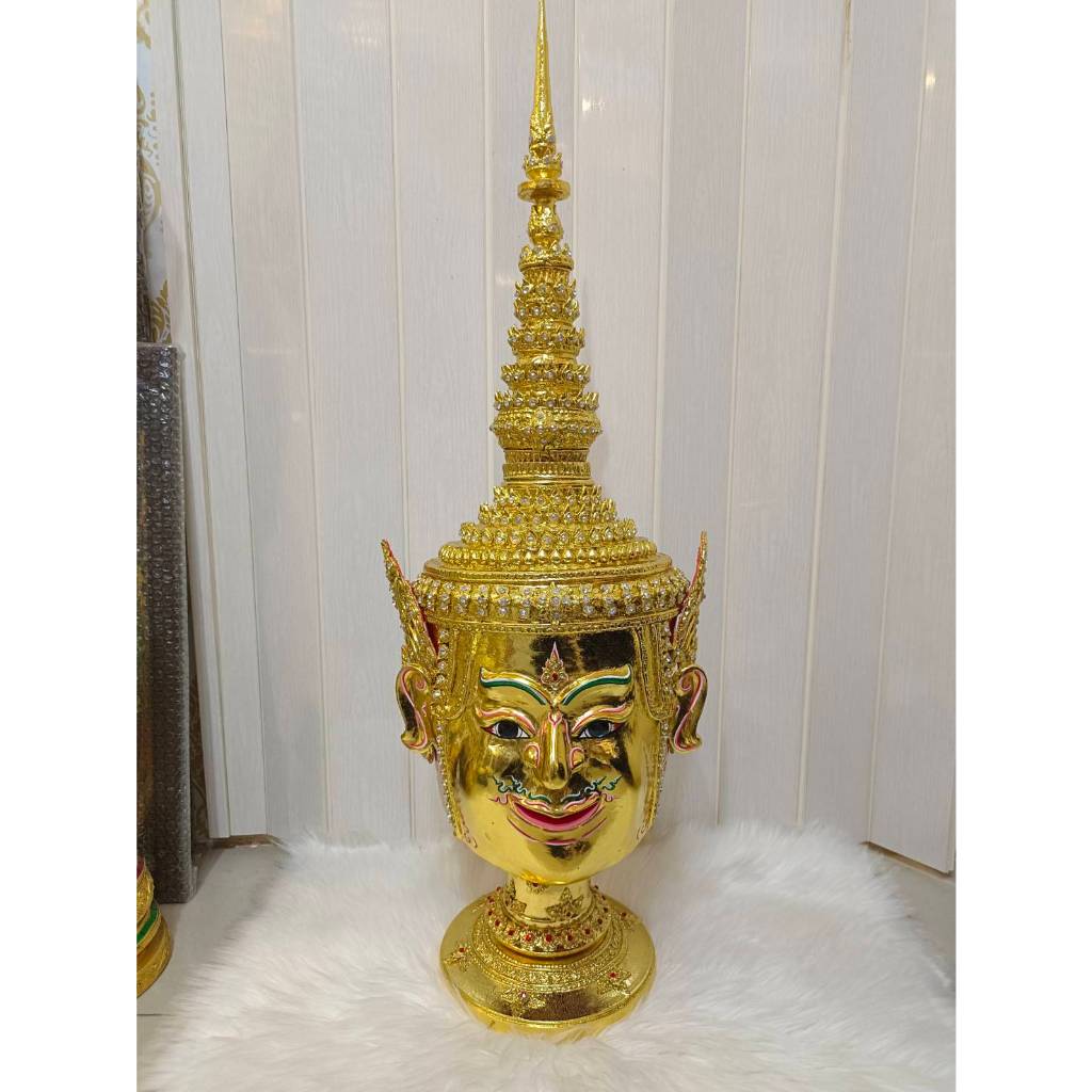 หัวโขน เศียรครู เศียรเทพ พระลักษณ์ พระลักษณ์หน้าทอง ขนาดครอบ งานกระดาษ ตาแก้ว ประดับพลอย พร้อมฐานไม้อัดสีแดงฟรี