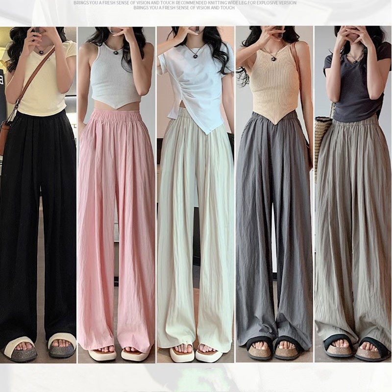 กางเกงขายาวผู้หญิงเอวสูงขาบาน สไตล์เกาหลี กางเกงทรงหลวมเอวยางยืด โอเวอร์ไซต์ทรงกระบอก ไปทะเล กีฬาลําลอง เนื้อผ้าใส่สบาย