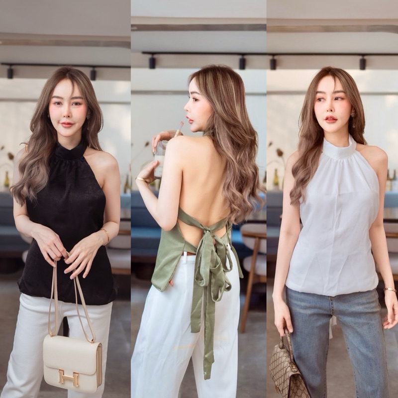 แซ่บสุดๆ เสื้อแขนกุด คอตั้งกระดุมคอ โชว์หลังผูกหลัง