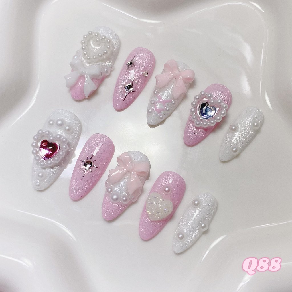 ೀ⋆｡ Q88 เล็บเจลปลอมสีชมพูขาวลูกแก้ว 🎀⭐️🤍💖