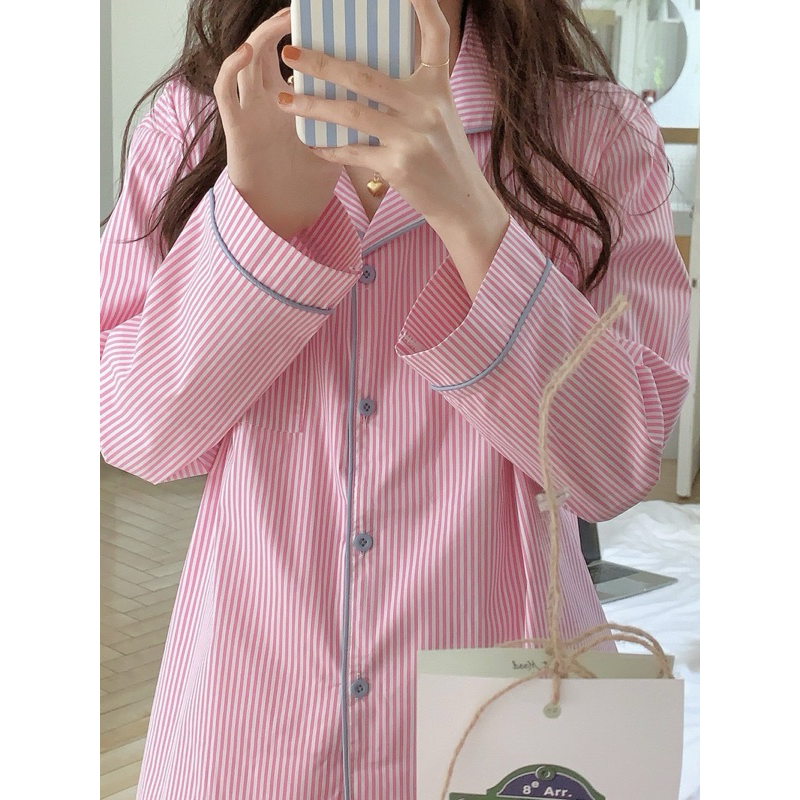 macaron sleepwear ( ชุดนอนมาการองรุ่นแขนยาว-ขายาว ) พร้อมส่งสี pink , bluesky