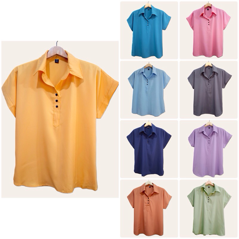 ใหม่ (อก 44”) เสื้อคอปก เเขนสั้น สีพื้น ผ้าไหมอิตาลี ไม่ต้องรีด