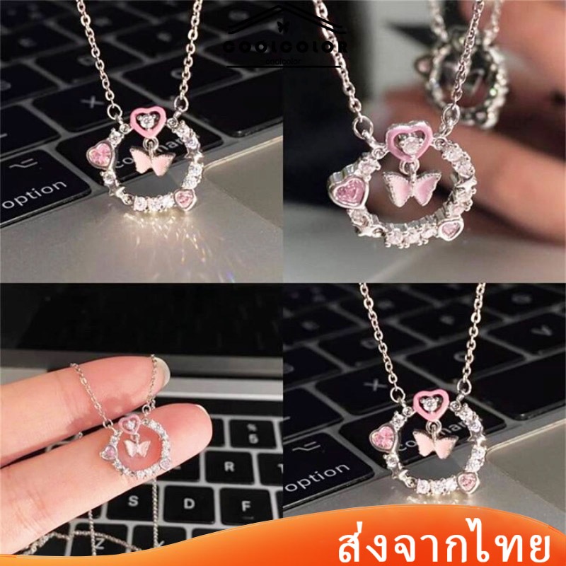 พร้อมส่ง💖สร้อยคอโซ่เหล็กไทเทเนียมจี้รูปผีเสื้อประดับเพชรสีชมพูหรูหราสําหรับผู้หญิงราคาส่งถูกที่สุด.COD