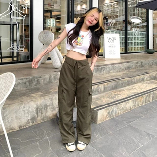 🌈SpinnyHouse🌈กางเกงทรงกระบอก ผ้าไมโคร แต่งพับช่วงเอว 🐤 ด้านหลังเป็นเอวสม็อค ทรงเอวสูง รุ่น กางเกงซูชิ