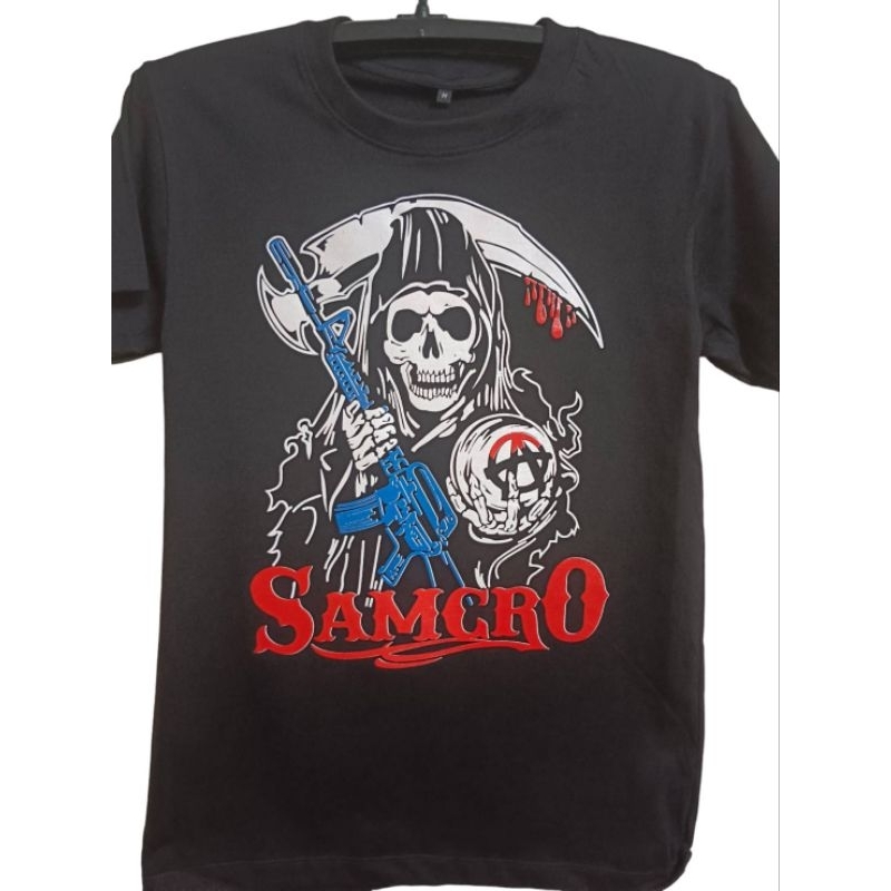 samcho ถือปืนแดงฟ้า เสื้อสกรีนวินเทจ