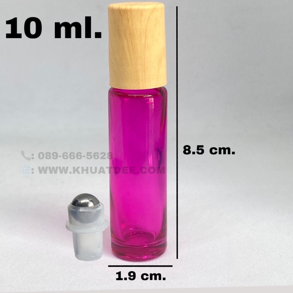 ขวด 10 มล.(25ใบ) ขวดแก้วกลม ลูกกลิ้งโลหะ + ฝาหมุนลายไม้อ่อน