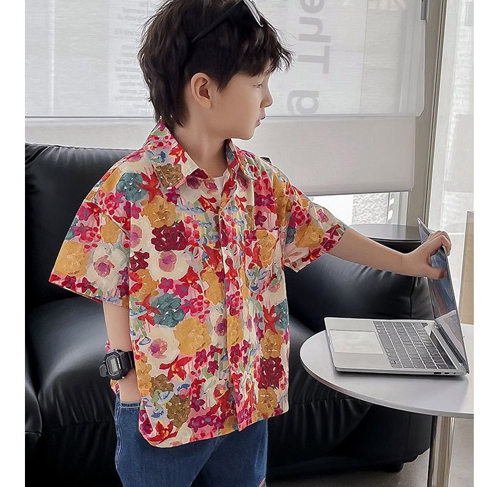 พร้อมส่ง ☑️ เสื้อเชิ้ตเด็กลายดอกชมพู