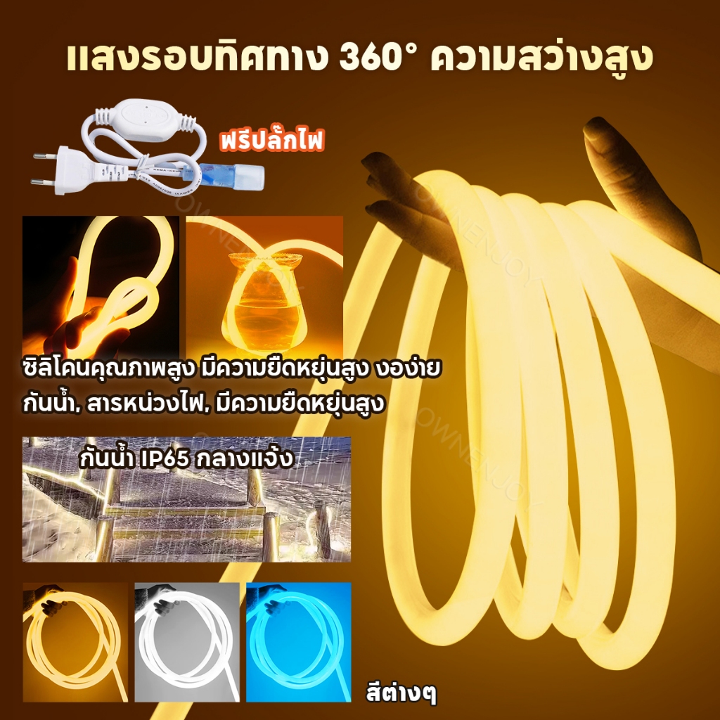 ไฟแถบ LED พร้อมปลั๊ก neon flex strip ไฟแถบนีออน ดัดงอได้ ไฟ 360° ความยาว 3/5/10/20ม ไฟแต่งห้อง กันน้ำ 220V