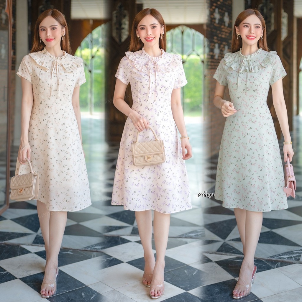 รหัส6760เนื้อผ้าชิฟฟ่อนนุ่มๆใส่สบายงานซิปซ่อนหลัง มีซับในให้ในตัว ชุดทรงเอเบาใส่สบายไม่ร้อน