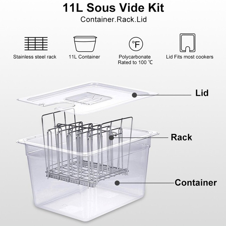 อ่างซูวี พร้อมฝาปิดขนาด11 ลิตร วัสดุแข็งแรง ถังซูวี Polycarbonate Containerสำหรับ เครื่องซูวีSous Videชั้นยึดจับสเเตนเลส