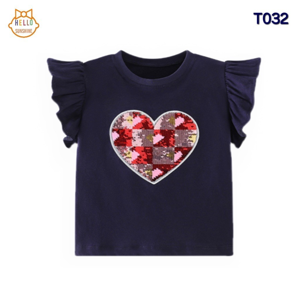 พร้อมส่งจากไทย เสื้อยืดเด็ก ผ้าคอตตอน100% เสื้อยืดแขนระบายสีกรม ลายหัวใจเกล็ดๆ