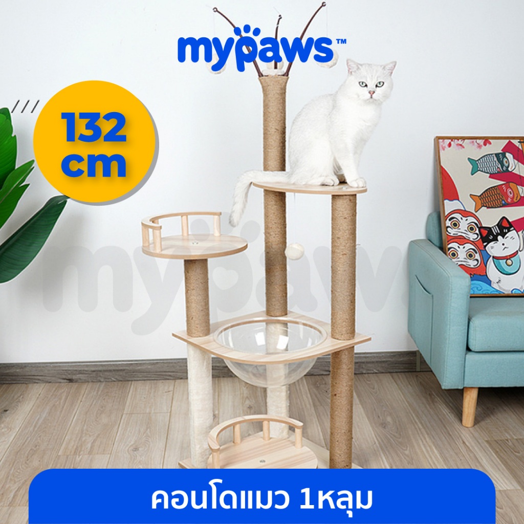 [ 5.15ลดสูงสุด100.-]My Paws คอนโดแมว แบบไม้ พร้อมหลุมอะคริลิค 1 หลุม ขนาด 132 ซม. – โปรปัง