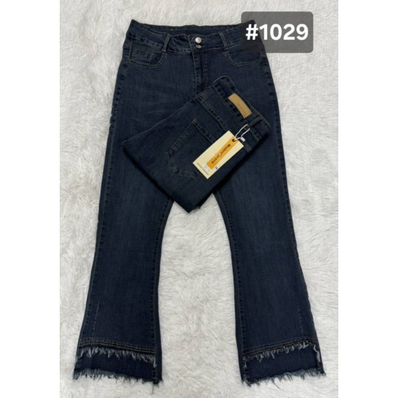MD jeans กางเกงยีนต์ขาม้าเอวสูง8ส่วน งาน1กระดุม ปลายขาแต่งทรงสวยเอวสูงเก็บพุงสะโพกดีมาก
