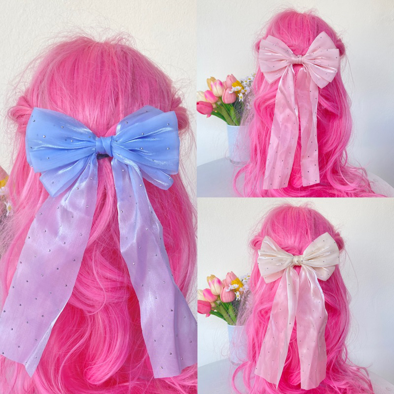 ร้านไทย พร้อมส่ง ส่งไว 1-2 วัน กิ๊บโบว์หางยาว สีพาสเทล แต่งเพชร