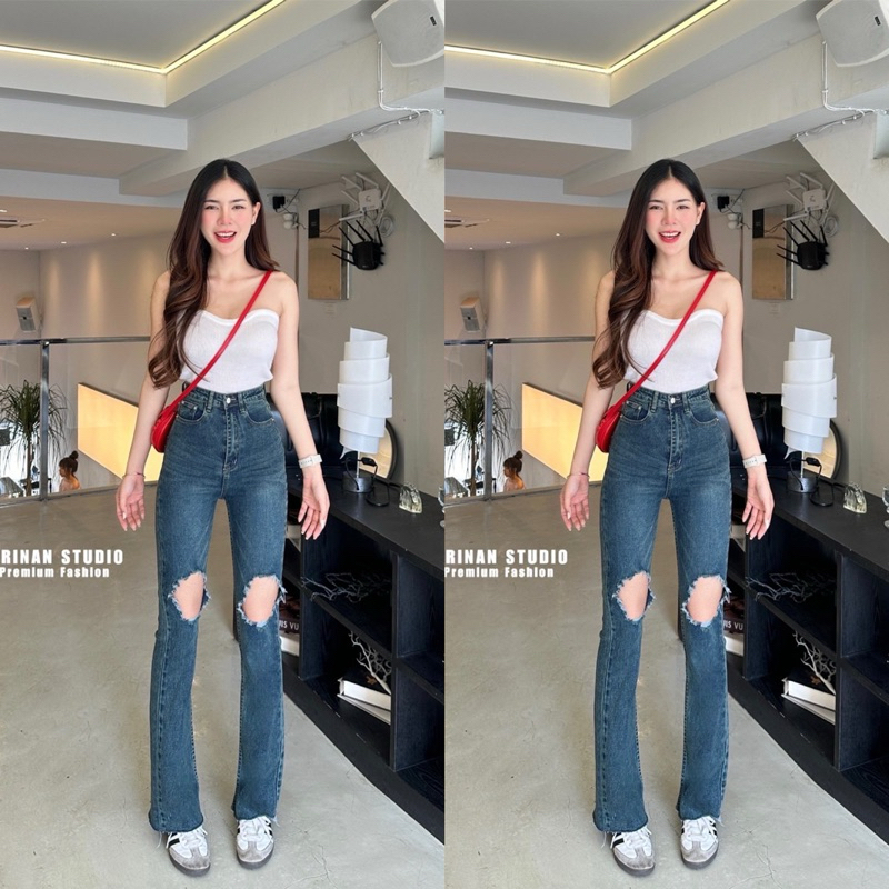 กางเกงยีนส์ขาม้า เอวสูง ขาดเข่า ป้าย SIRINAN STUDIO #190