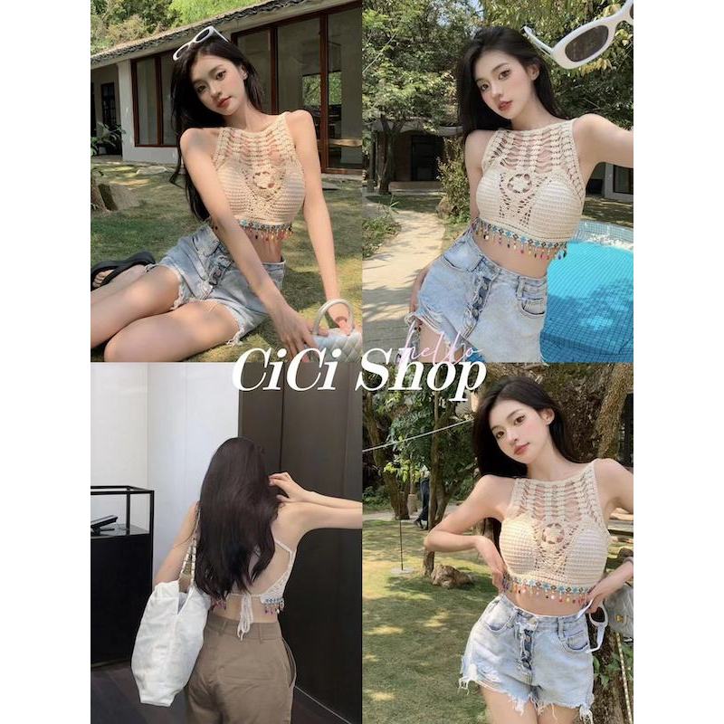 Cicishop(Q61)เสื้อถักบราสายเดี่ยวโบฮีเมี่ยน แต่งลูกปัดตุ้งติ๊ง มีฟองน้ำในตัว