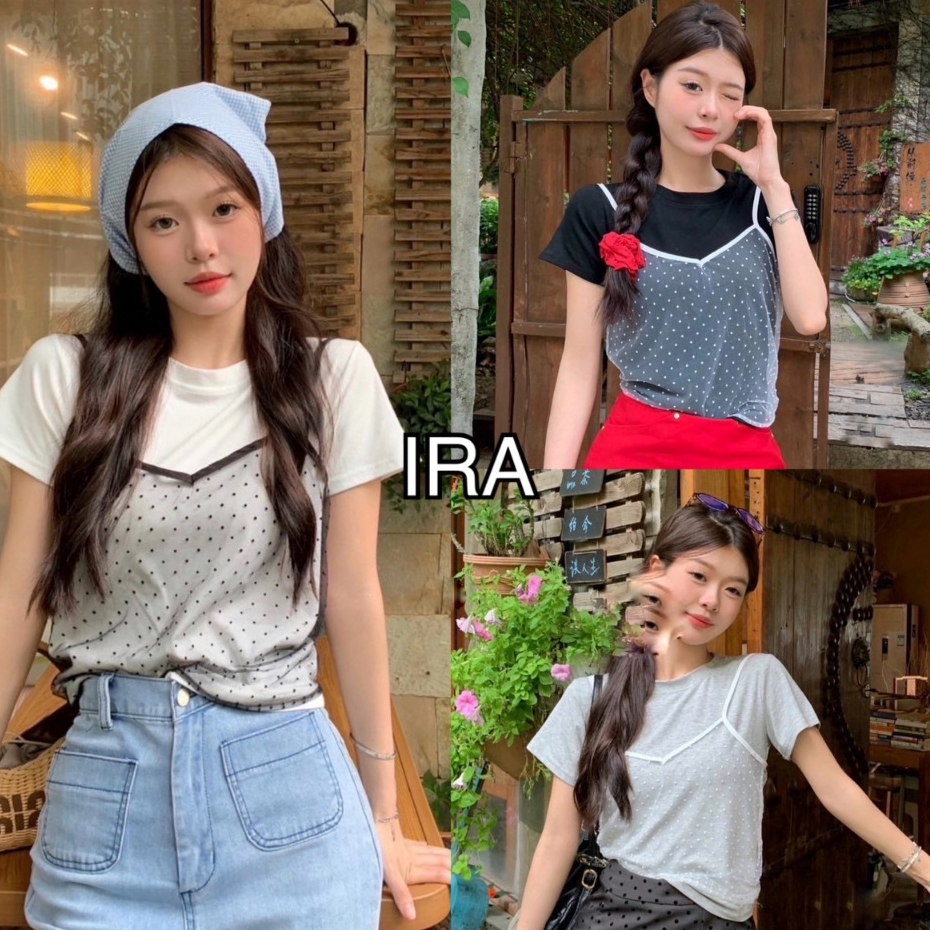 BY IRA(9386)Crop top เสื้อยืดแขนสั้น พิมพ์ลายจุด สไตล์เกาหลี แฟชั่นฤดูร้อน สําหรับผู้หญิง 2024