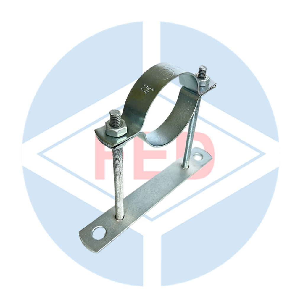 แคลมป์ขาตั้ง-เลเวล (LEVEL PIPE CLAMP) 150L เหล็กชุบซิงค์ ตรา FED สำหรับพยุงท่อ