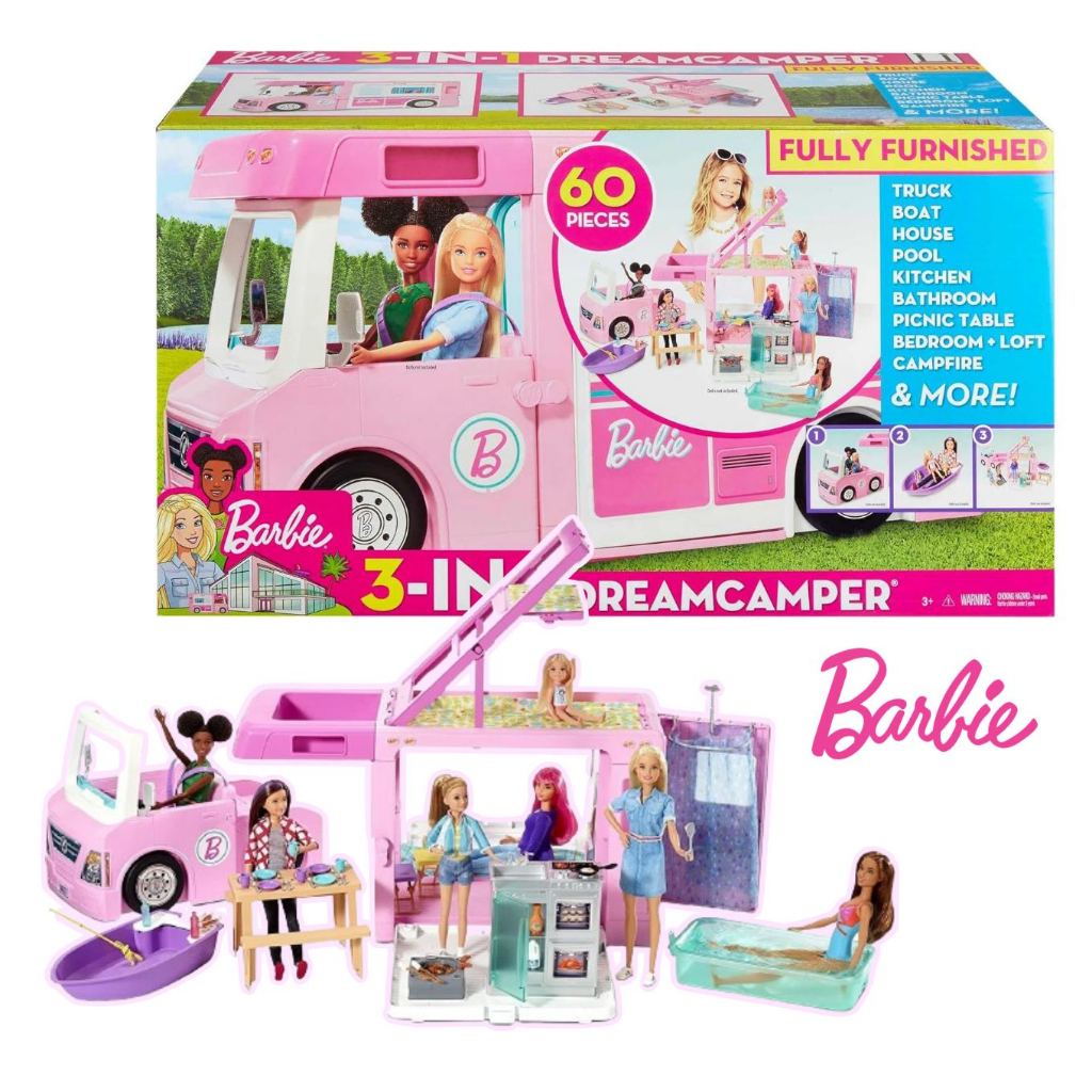 (ล้างสต็อก) Barbie 3-in-1 Dream Camper Playset รถแคมป์ปิ้ง บาร์บี้ +พร้อมอุปกรณ์ครบชุดกว่า 62ชิ้น รถบ้านตุ๊กตาบาร์บี้