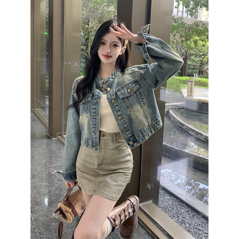 เสื้อแจ็คเก็ตยีนส์ผู้หญิง คอกลมตัวสั้น พร้อมส่ง