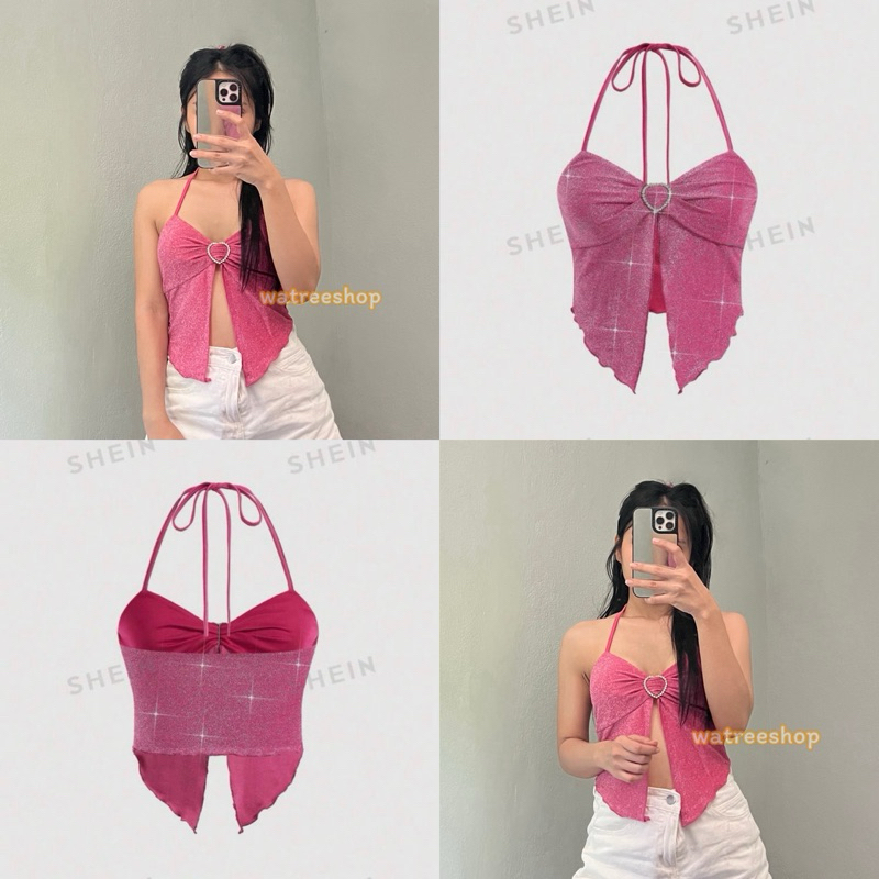 พร้อมส่งในไทย(268) เสื้อผูกคอ ชายแหลม แต่งเพชร ผ้าวิ้ง กลิตเตอร์ สีชมพู