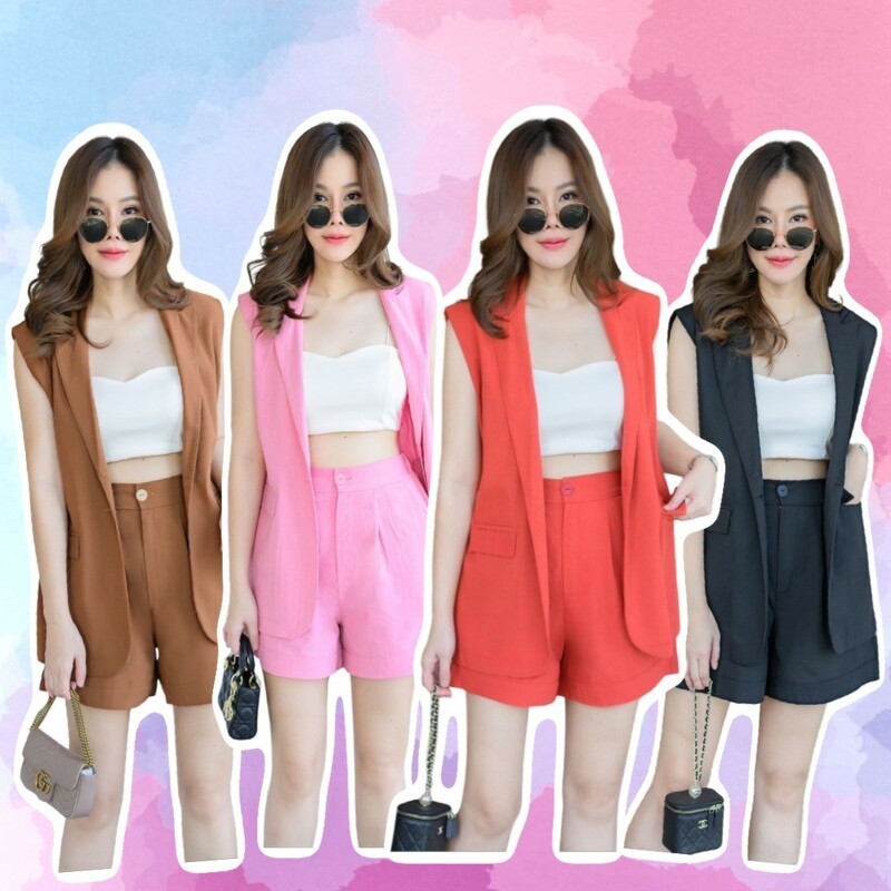 MM20624 Set #สาวอวบ 2 ชิ้น เสื้อ Blazer แขนกุด + กางเกงขาสั้น