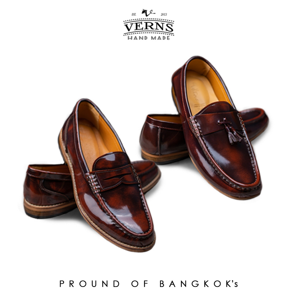 Verns Leather รองเท้าหนังแท้ 100% หนังขัด Brush off น้ำตาลทูโทน เสริมความเงา Premium Grade ผิวไม่แตก