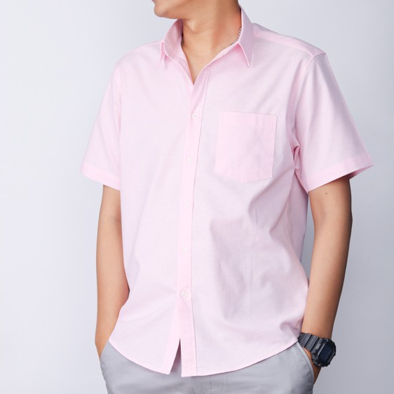 เสื้อเชิ้ตแขนสั้นสีชมพู M-XL คอปก ราคาถูก ผ้าoxford มีกระเป๋า