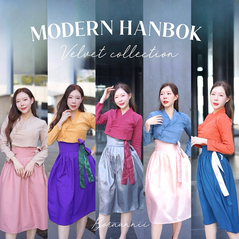 🇰🇷BORAUNNII🇰🇷 ชุดฮันบกประยุกต์ เสื้อครอปกำมะหยี่+กระโปรง จับคู่สีสวยๆมาให้แล้ว Modern Hanbok