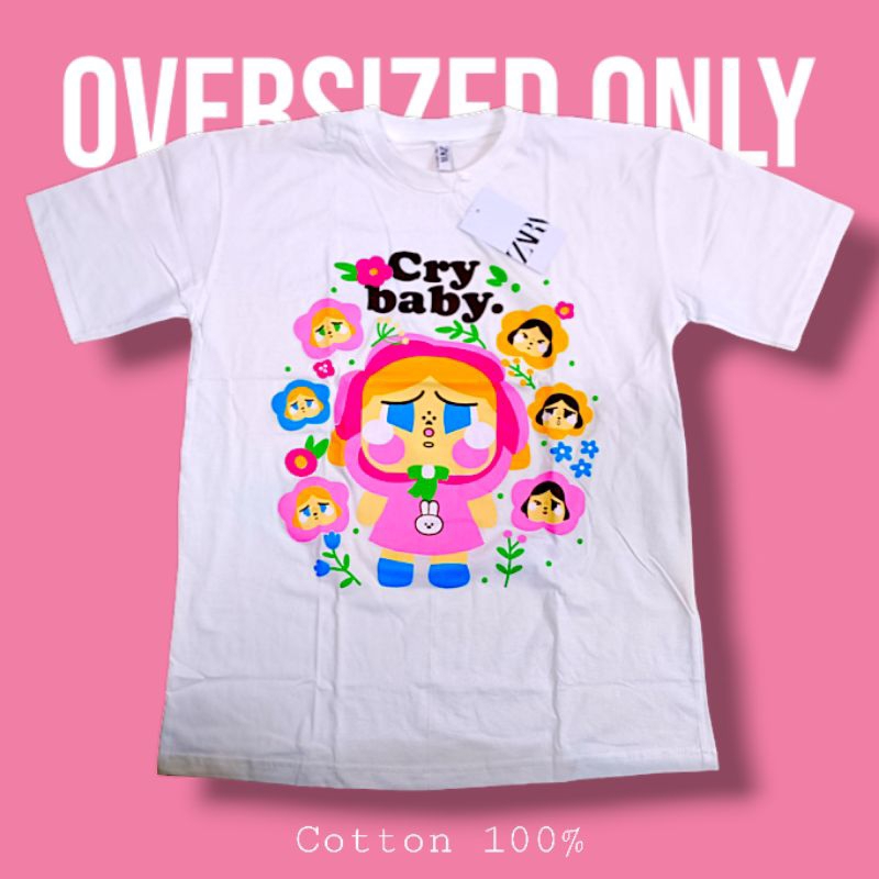 [พร้อมส่ง] เสื้อยืด Oversize ป้าย ZALA ผ้า Cotton 100% ลาย Cry Baby ดอกไม้