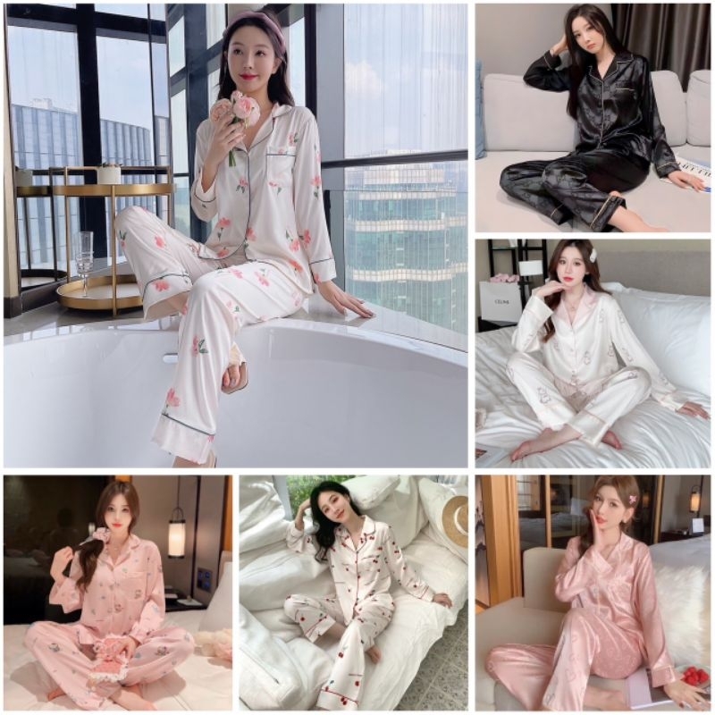 ❤️❤️ชุดนอนผ้าซาติน♥️♥️❤️สินค้าพร้อมส่งในไทย แขนยาว-ขายาว ฟรีไซส์ เนื้อผ้านิ่มลื่นใส่สบาย