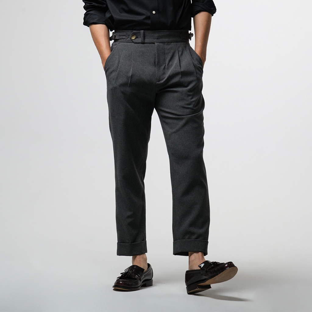 era-won DOUBLE BELTS TROUSERS ทรง Skinny Crop เอวสูง สี Opera Grey