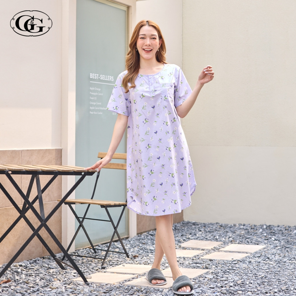 G&G ชุดนอน เดรสกระโปรง คอกลม แขนสั้น ผ้าคอตตอน ลายดอกไม้ EN6C003 สีม่วง (VI)