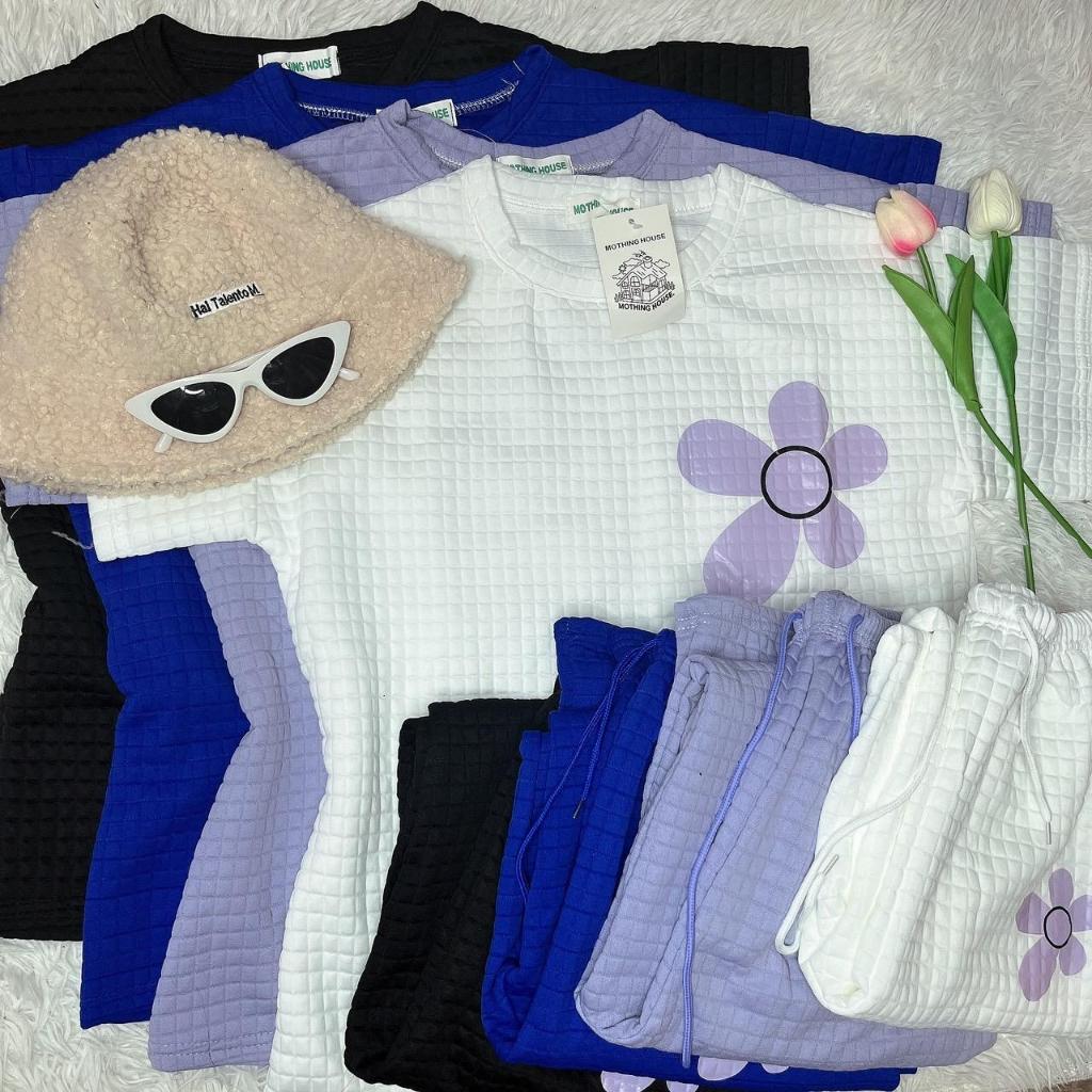 S99-ชุดเซ็ท2ชิ้น ผ้าป๊อบคอร์น แขนสั้นขายาว สกรีนลายดอกไม้ ทั้งเสื้อและกางเกง