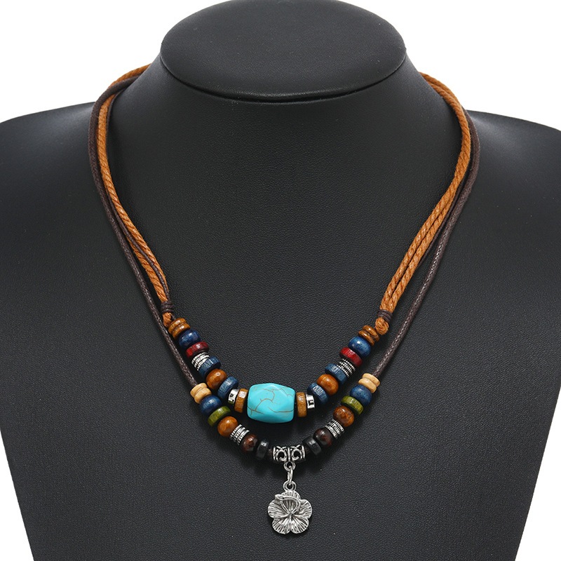 สร้อยคอ หนัง พร้อมจี้  Cross-Border Jewelry Bohemian Style Turquoise Necklace Retro Charm Flower Pendant Multi-Layer