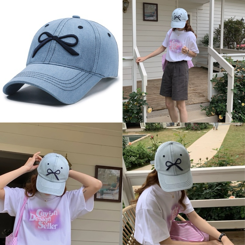 (EH) หมวกแก๊ปยีนส์ กันแดด cap (ปักโบว์) รูปที่ 6