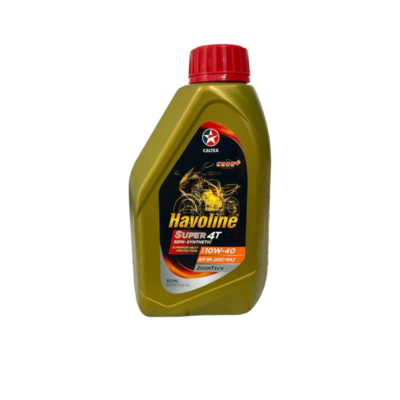 น้ำมันเครื่อง Caltex Havoline ฮาโวลีน ซูเปอร์ 4T เซมิซิน 10W40 API SN JASO MA2 ZOOMTECH เกียร์ 0.8 L กึ่งสังเคราะห์