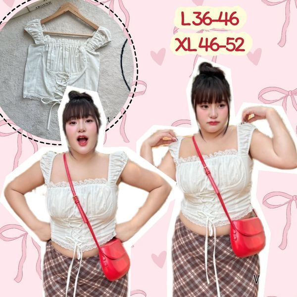 เสื้อแขนกุดสาวอวบ แต่งลูกไม้ แต่งโบว์ แขนยังแต่ง สีขาว Plussize