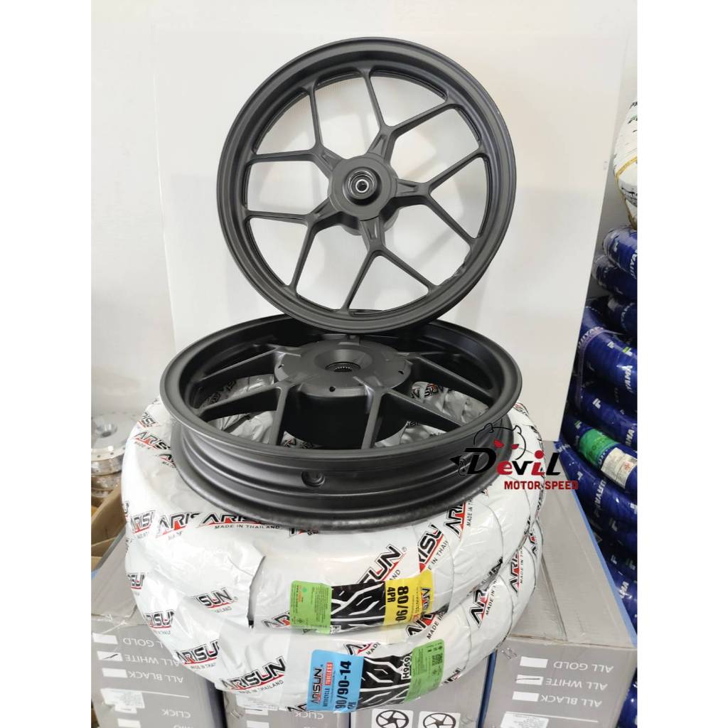 ล้อแม็กพร้อมยาง Y55 CLICK 125i/ PCX ยางนอกเรเดียน 80/90,90/90 ขอบ14 **ไม่ใช้ยางใน มีลูกปืน สีดำ